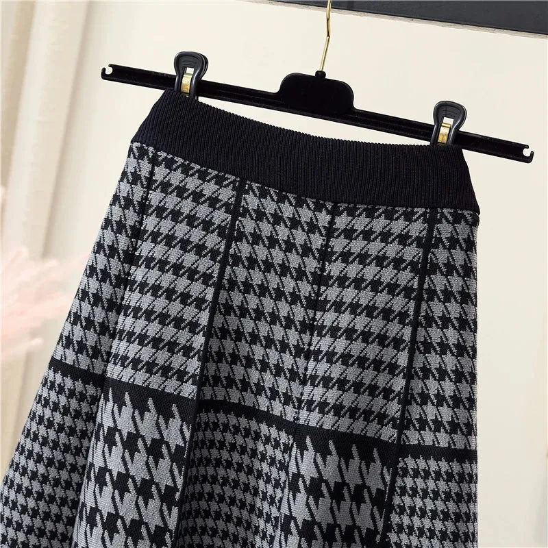 Pre Order:  Houndstooth Grids Knit Midi Skirt