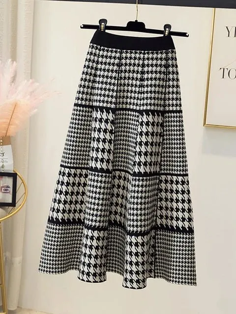 Pre Order:  Houndstooth Grids Knit Midi Skirt