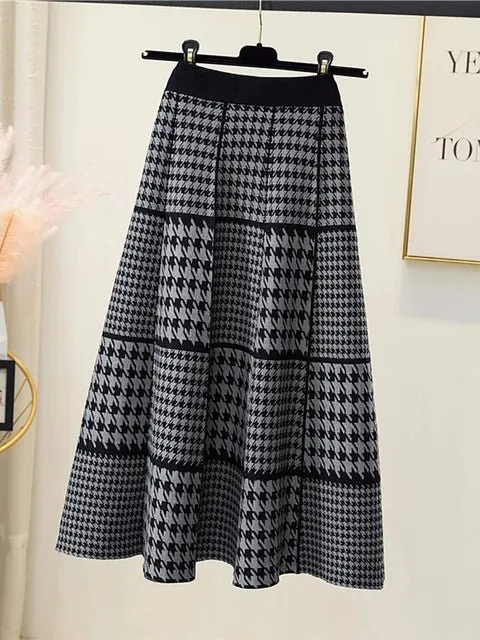 Pre Order:  Houndstooth Grids Knit Midi Skirt