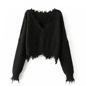 Pre Order:  Knitted Tassel Fringed V-Neck Sweater