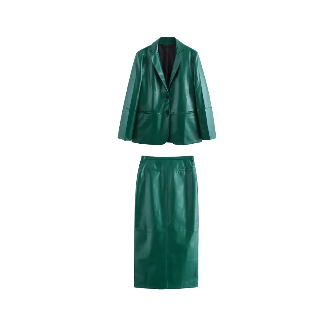 Pre Order:  Leather Straight Cut Suit Jacket   Straight Skirt