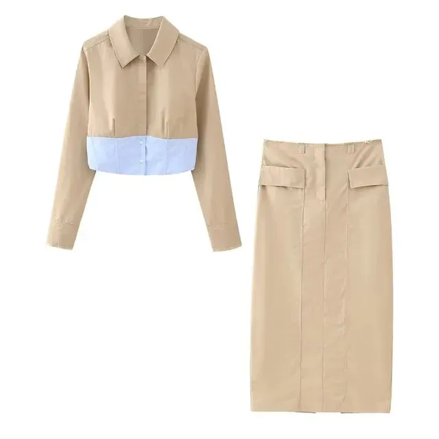 Pre Order:  Long Sleeve Splicing Shirt   High Waist Hem Slit Skirt