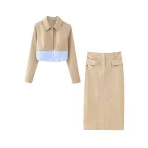 Pre Order:  Long Sleeve Splicing Shirt   High Waist Hem Slit Skirt