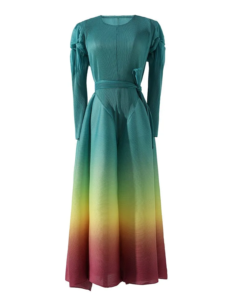 Pre Order:  Pleated Gradient Waist Tie Mid Length Dress