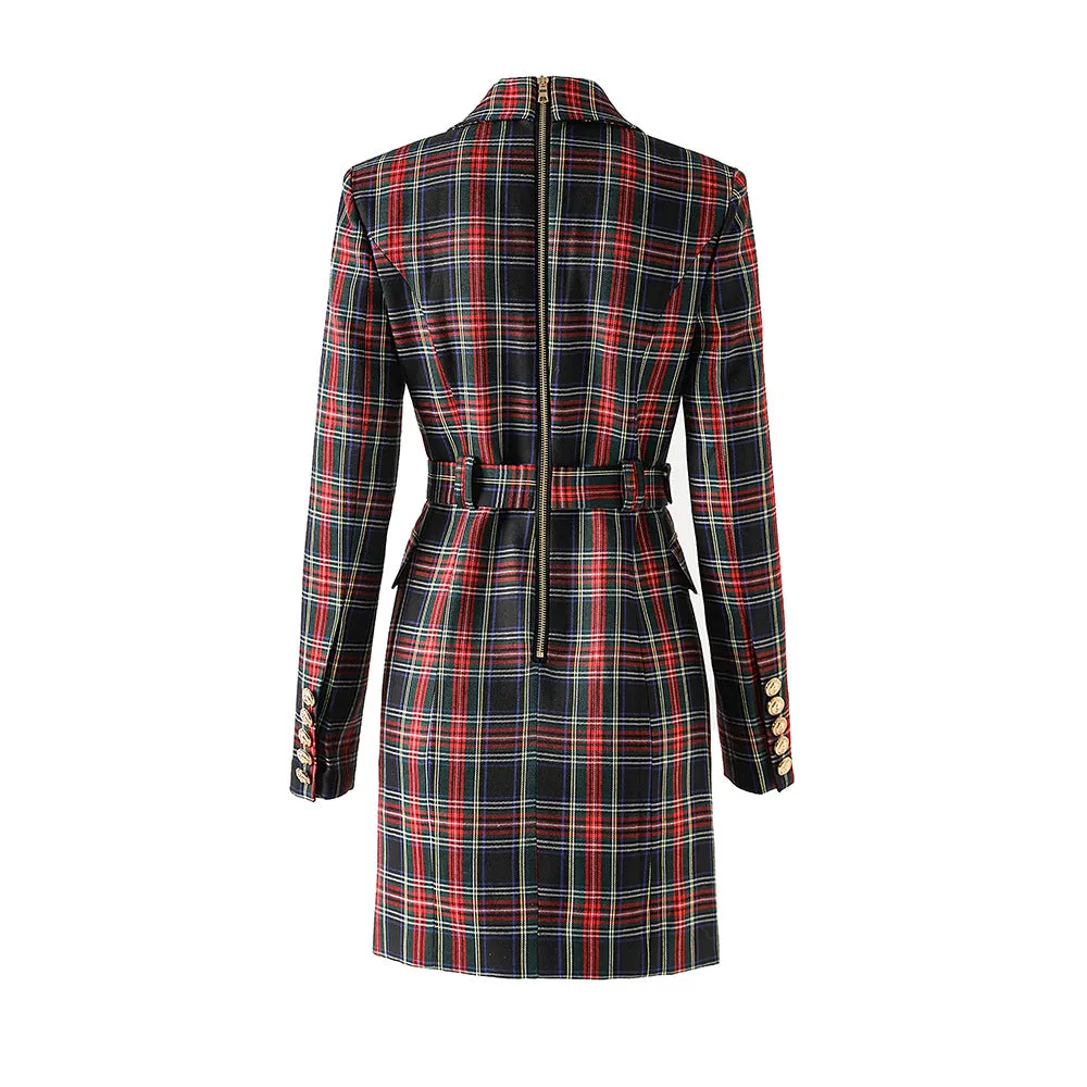 Pre Order:  Red and Black Checkered Waist Cinching Midi Dress