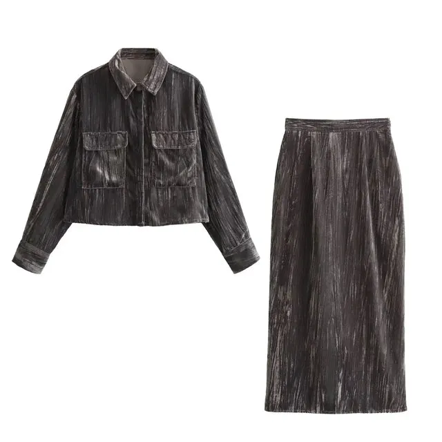 Pre Order:  Retro Velvet Collar Button Shirt   Side Zip Straight Skirt