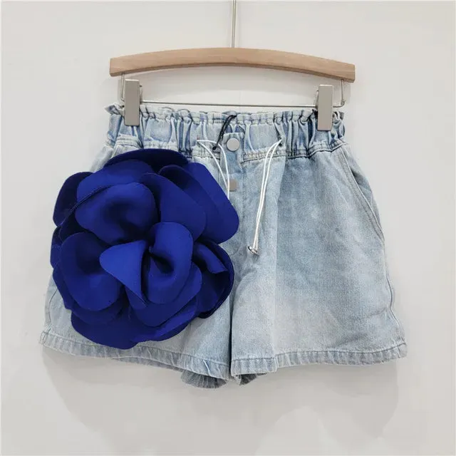 Pre Order:  Spliced Flower High Waist Denim Shorts