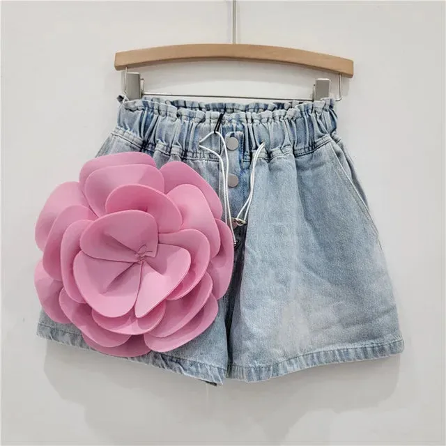 Pre Order:  Spliced Flower High Waist Denim Shorts