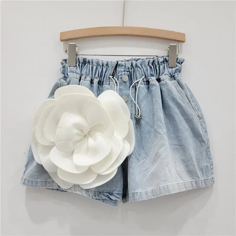 Pre Order:  Spliced Flower High Waist Denim Shorts