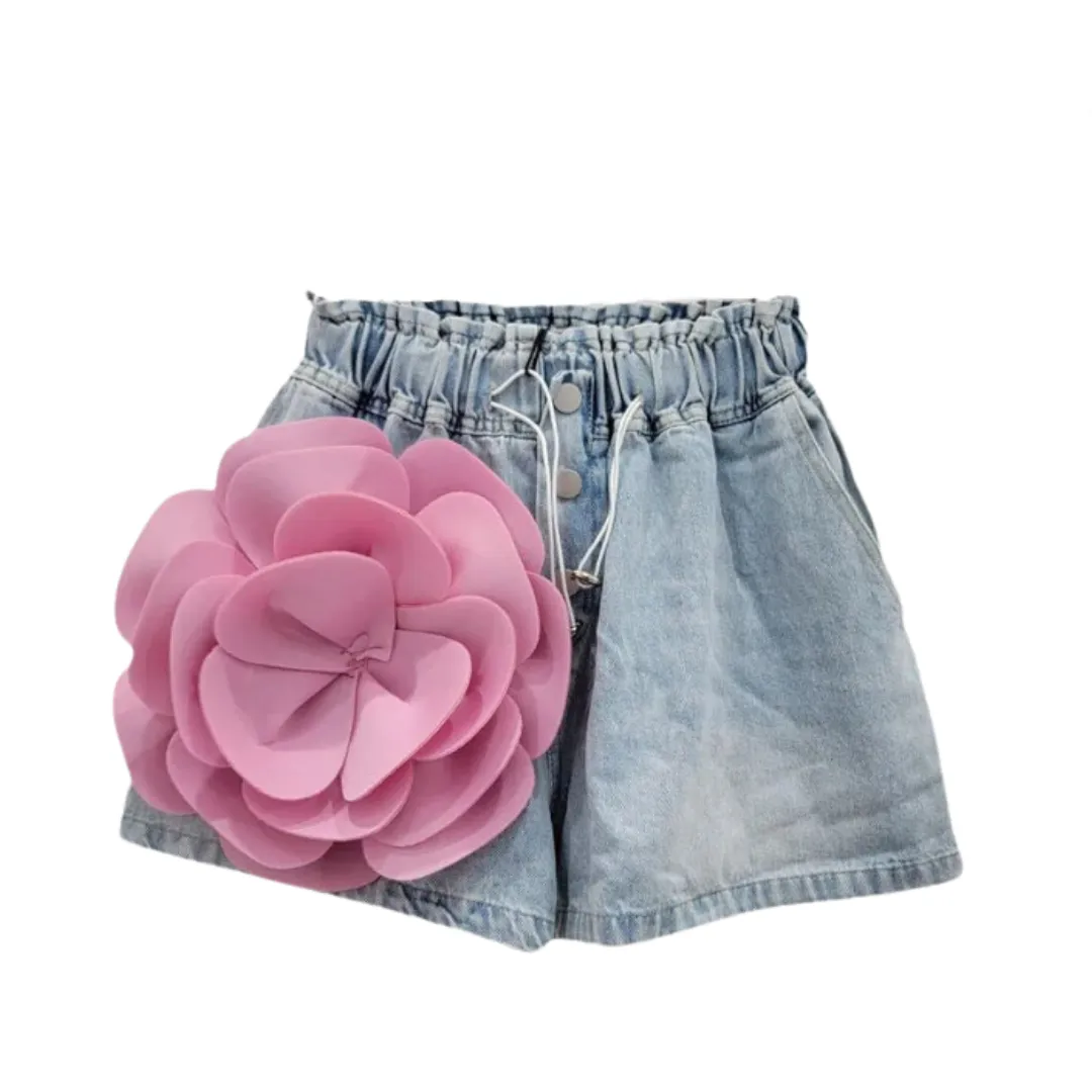 Pre Order:  Spliced Flower High Waist Denim Shorts