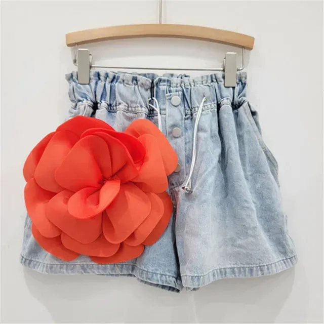 Pre Order:  Spliced Flower High Waist Denim Shorts