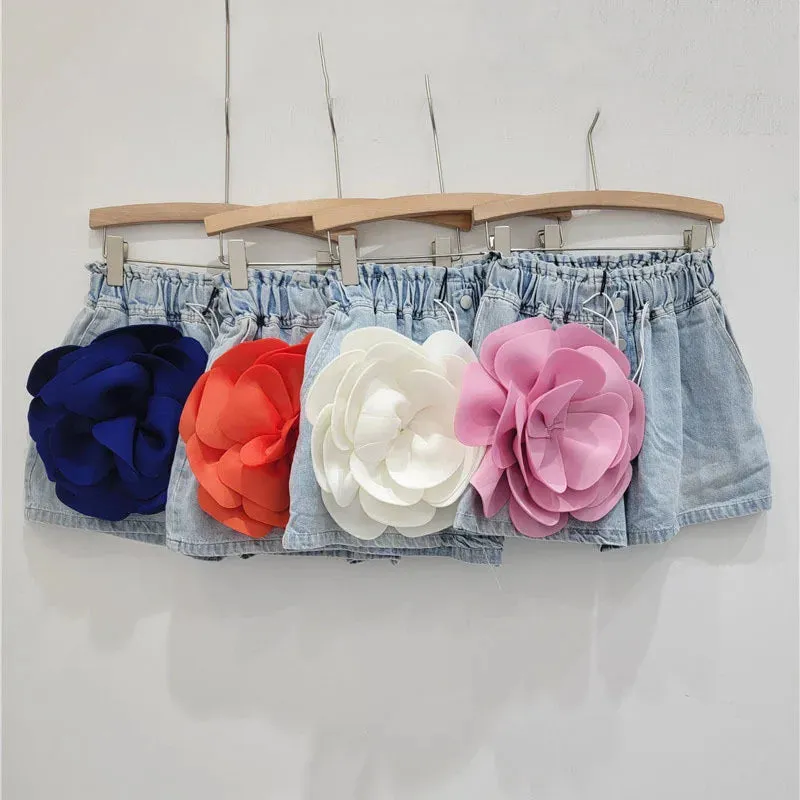 Pre Order:  Spliced Flower High Waist Denim Shorts