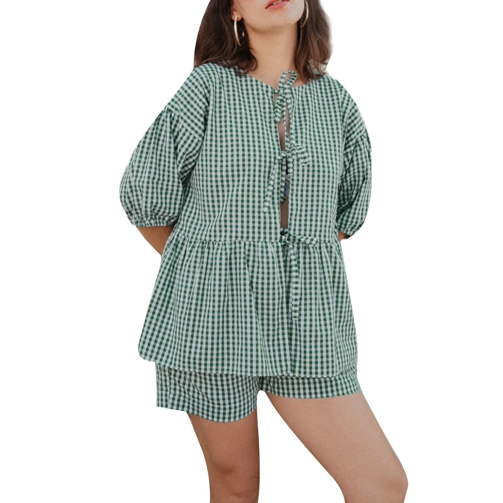 Print Tie Front Short Sleeves Tops Elastic Shorts Chic Plaid/Stripe Pajamas