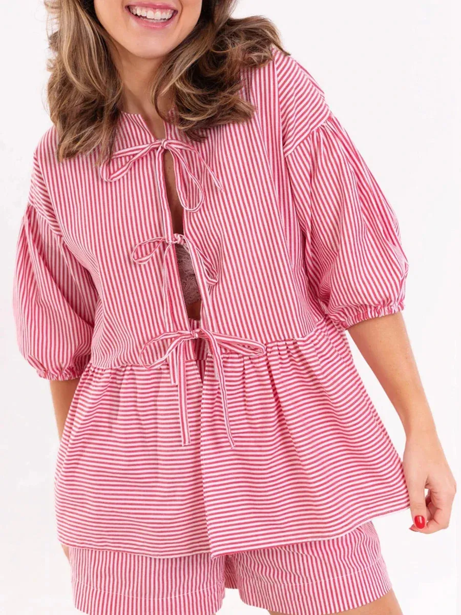 Print Tie Front Short Sleeves Tops Elastic Shorts Chic Plaid/Stripe Pajamas