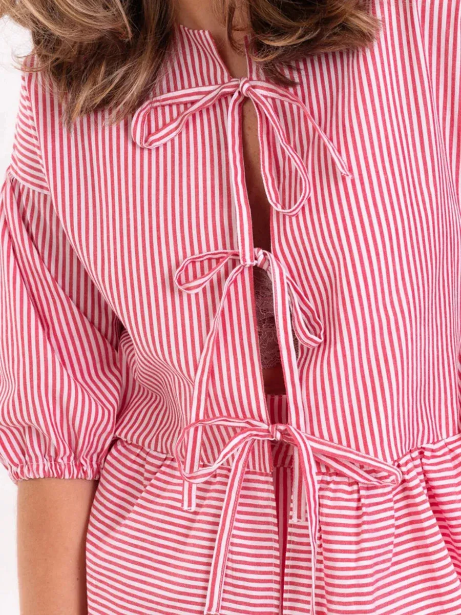 Print Tie Front Short Sleeves Tops Elastic Shorts Chic Plaid/Stripe Pajamas