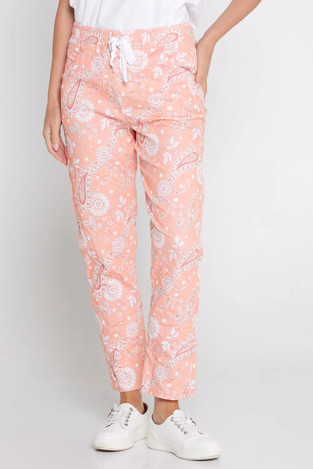 Printed Crushed Drawstring Pants - Peach Paisley