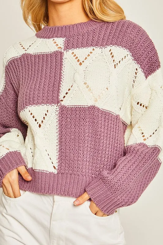 Purple Diamond Cutout Checkered Sweater