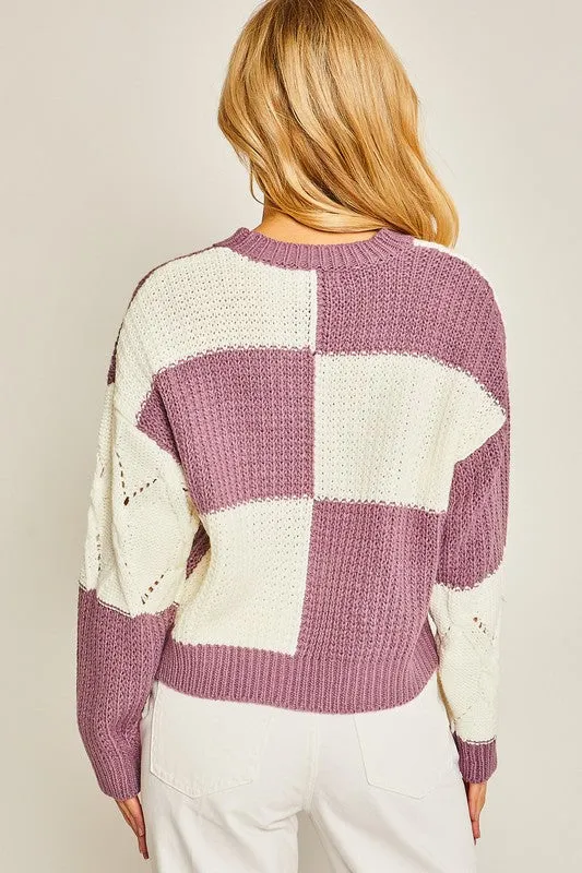 Purple Diamond Cutout Checkered Sweater