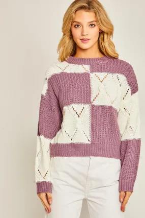 Purple Diamond Cutout Checkered Sweater