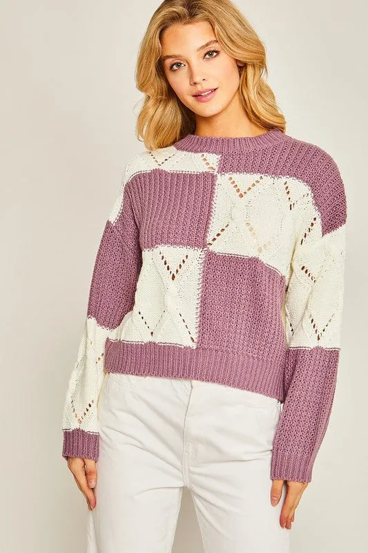 Purple Diamond Cutout Checkered Sweater