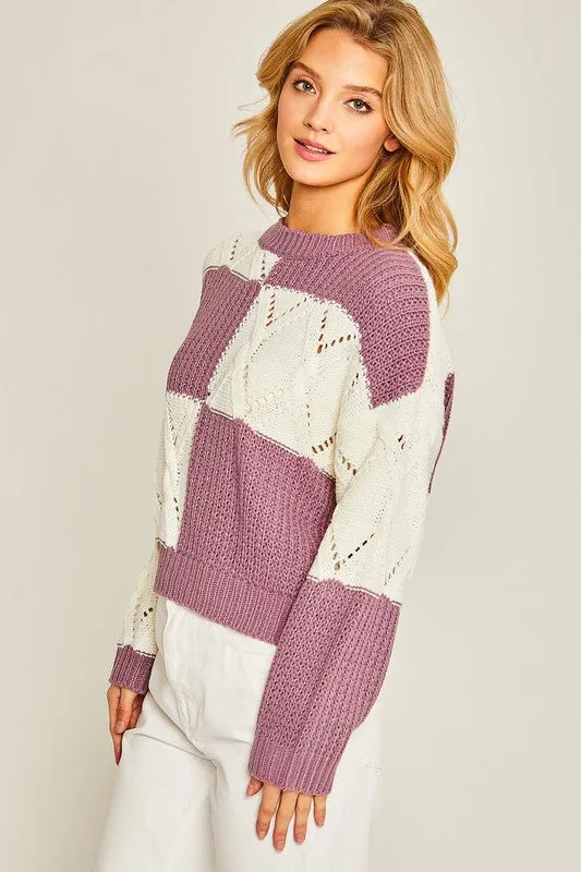 Purple Diamond Cutout Checkered Sweater