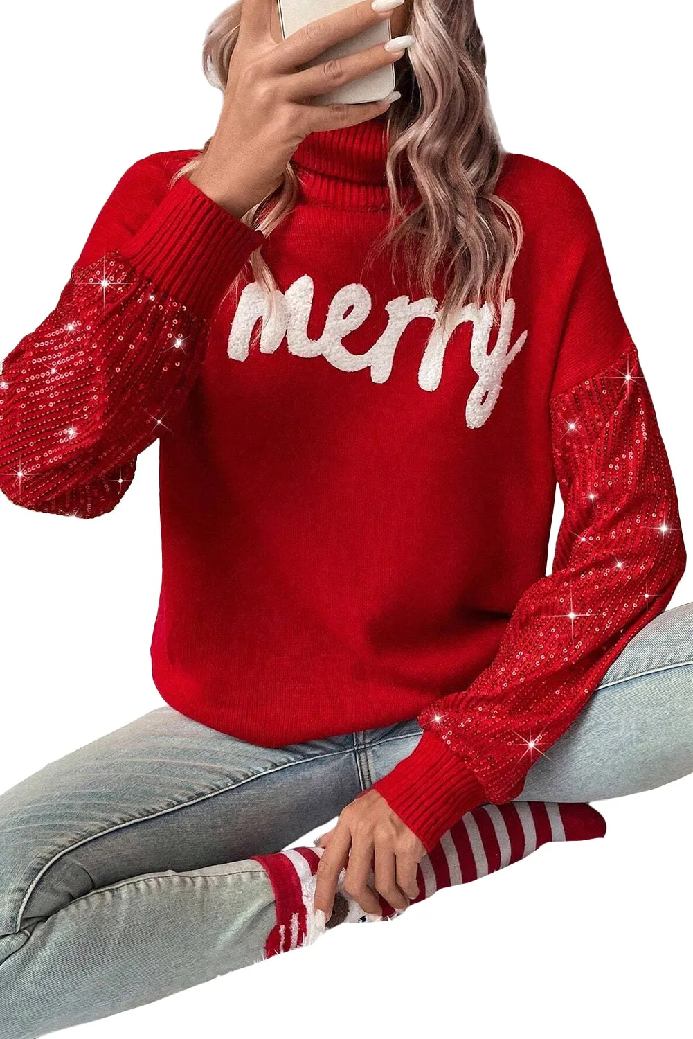 Racing Red Merry Graphic Sequin Sleeves Christmas Sweater