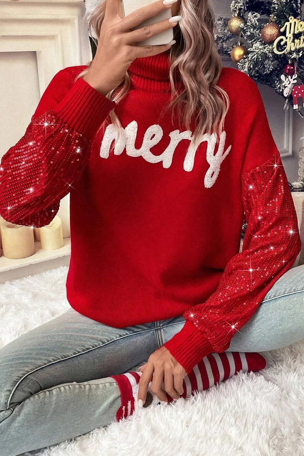 Racing Red Merry Graphic Sequin Sleeves Christmas Sweater