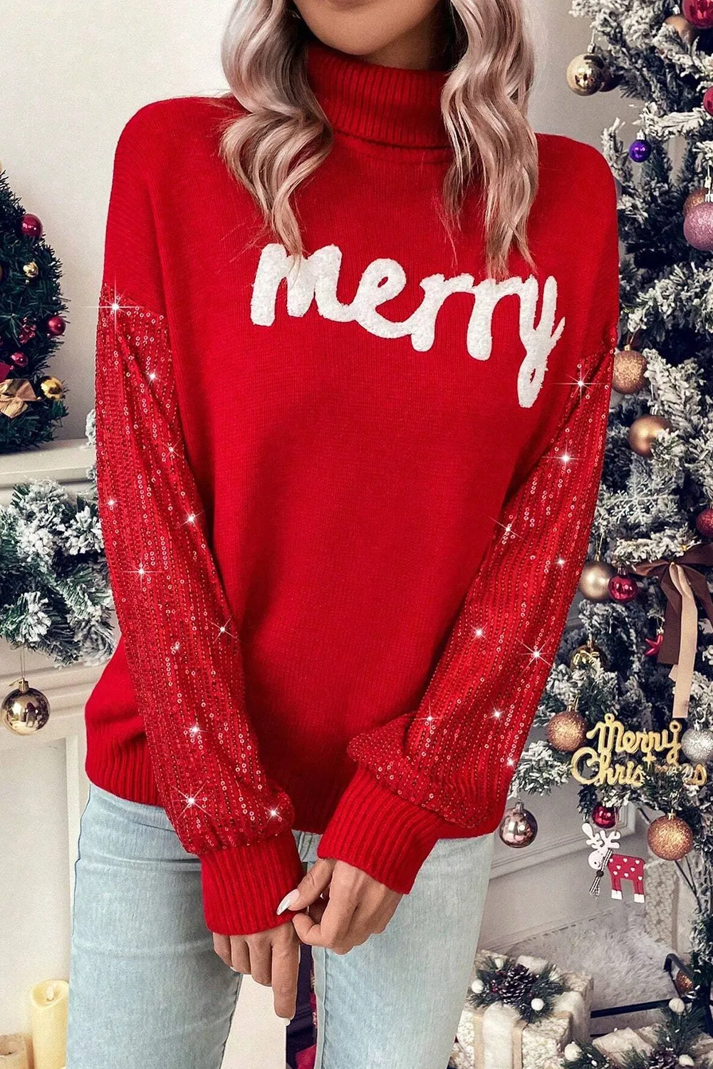 Racing Red Merry Graphic Sequin Sleeves Christmas Sweater