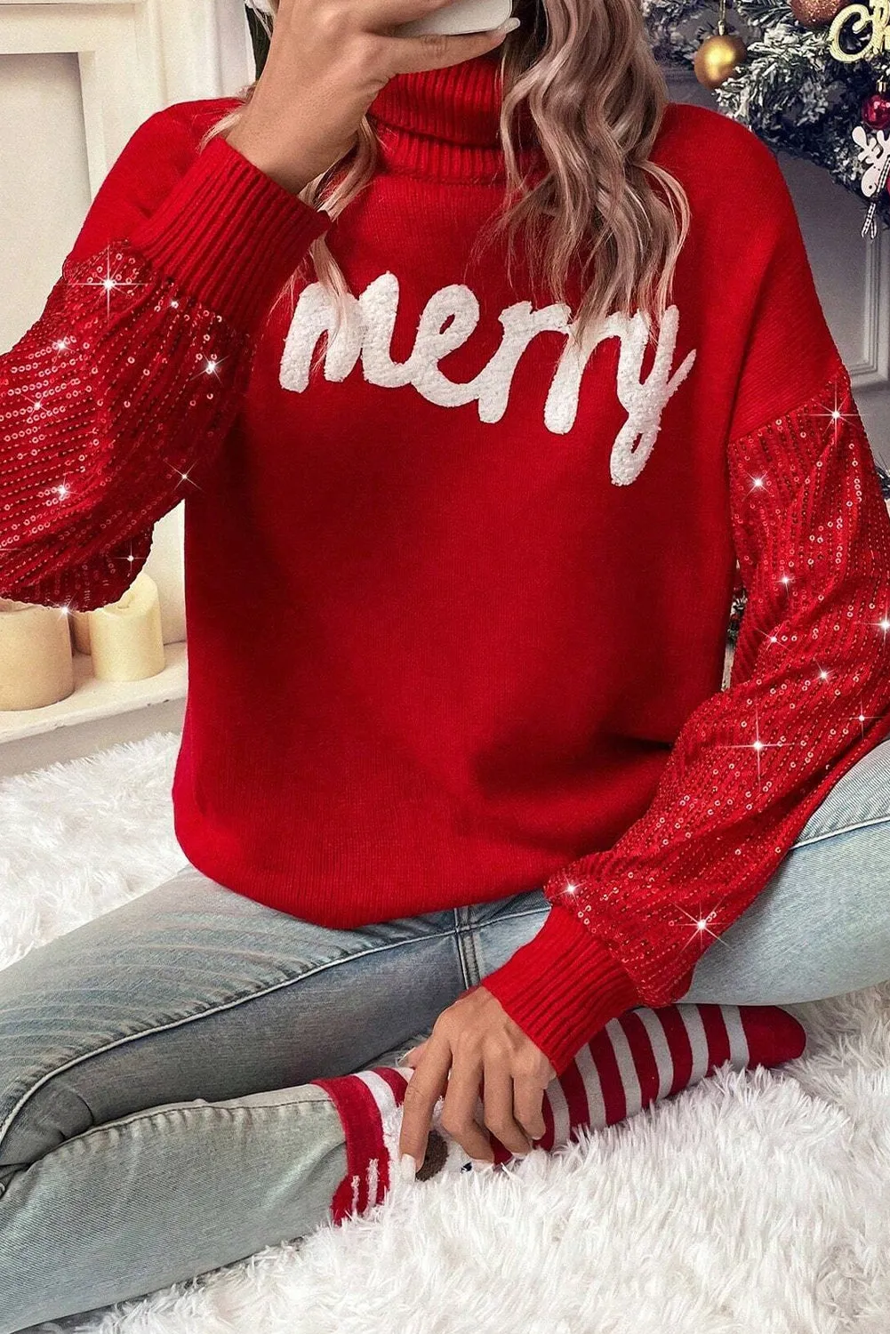 Racing Red Merry Graphic Sequin Sleeves Christmas Sweater