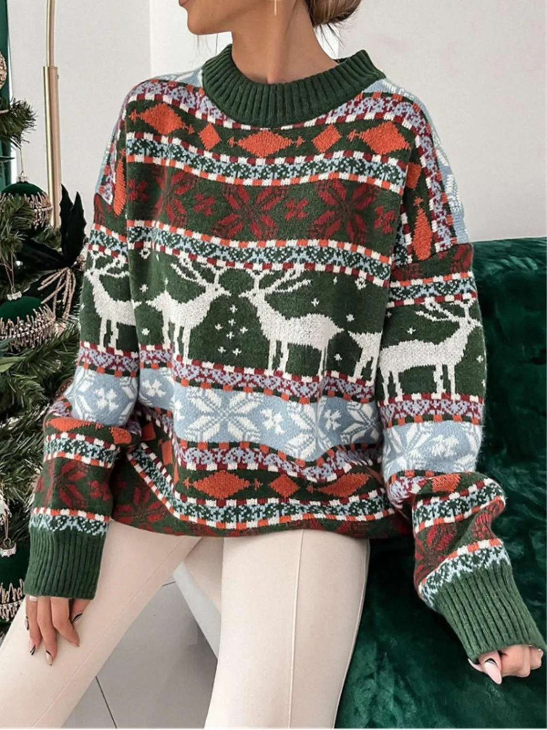 Reindeer Round Neck Dropped Shoulder Sweater