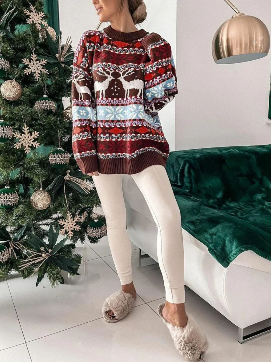 Reindeer Round Neck Dropped Shoulder Sweater