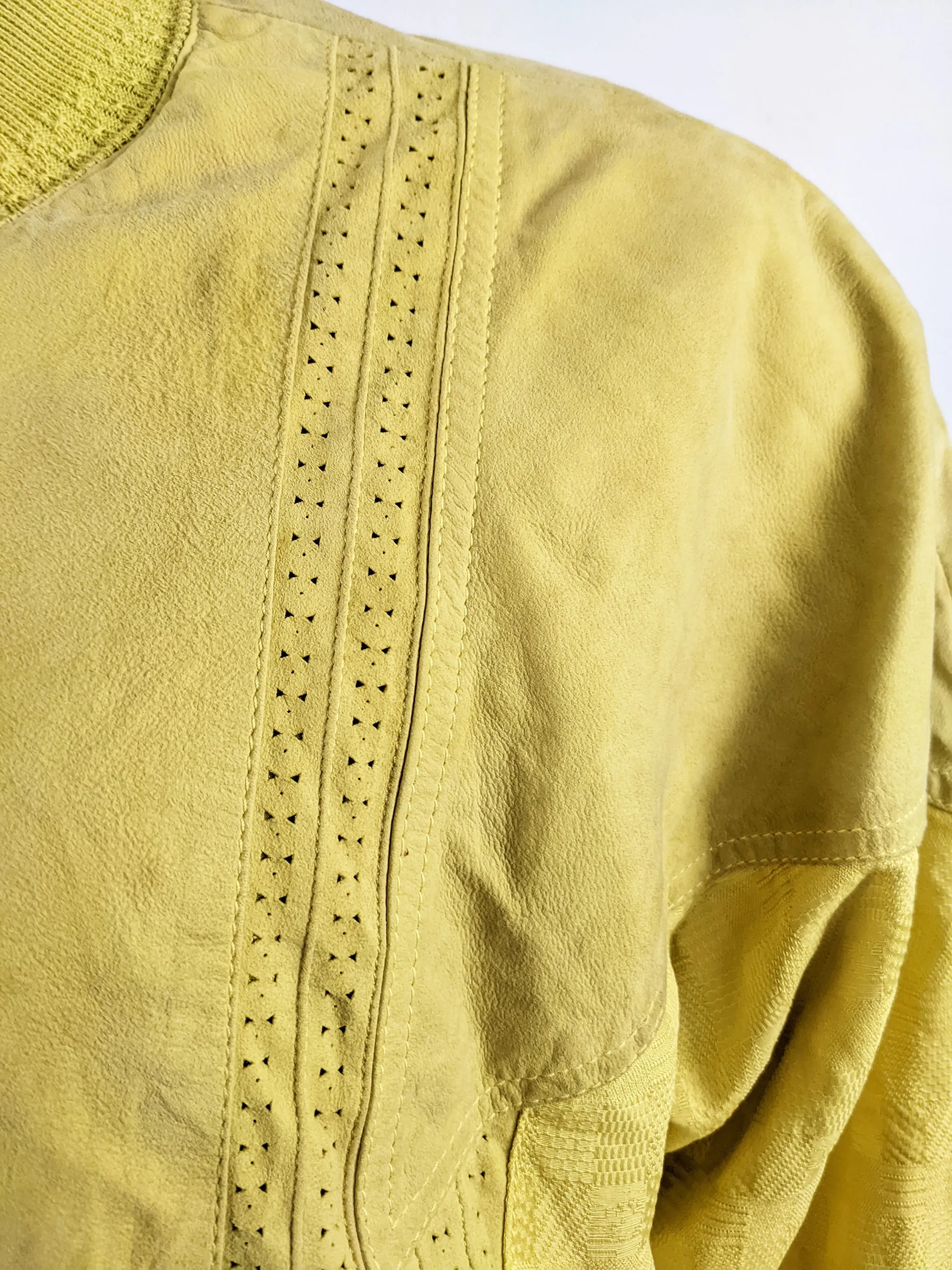 Richard Gelding Mens Vintage Yellow Suede & Silk Bomber Jacket, 1980s