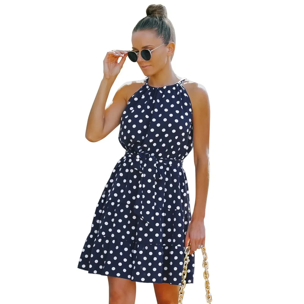 Round Neck Sleeveless Belted Polka Dot Dress