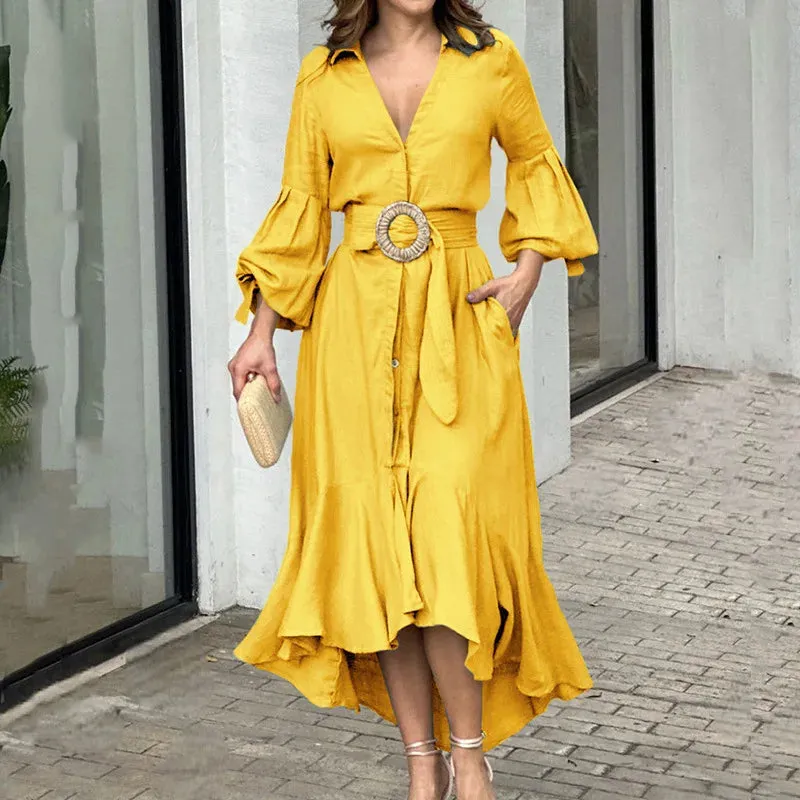 Ruffle Solid Women's Shirt Casual V Neck Lantern Sleeve With Pocket Long Skirt Spring Lady Streetwear Midi Dress