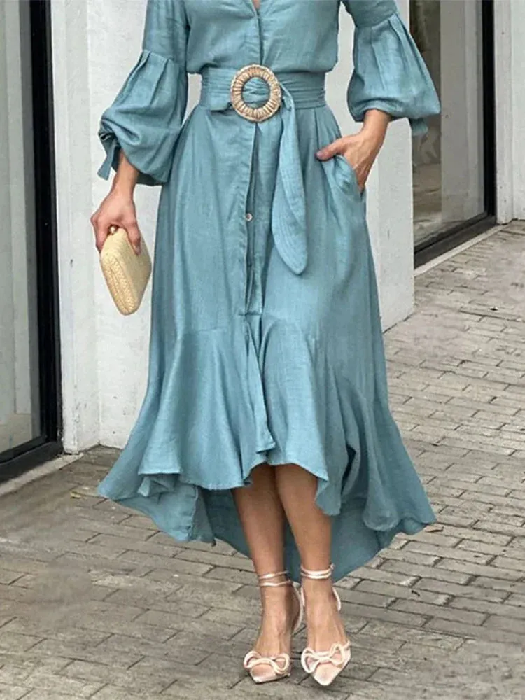 Ruffle Solid Women's Shirt Casual V Neck Lantern Sleeve With Pocket Long Skirt Spring Lady Streetwear Midi Dress