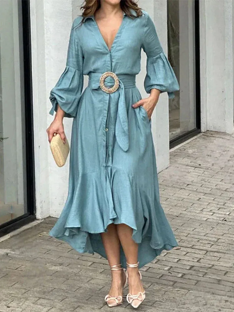 Ruffle Solid Women's Shirt Casual V Neck Lantern Sleeve With Pocket Long Skirt Spring Lady Streetwear Midi Dress