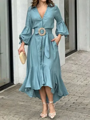 Ruffle Solid Women's Shirt Casual V Neck Lantern Sleeve With Pocket Long Skirt Spring Lady Streetwear Midi Dress