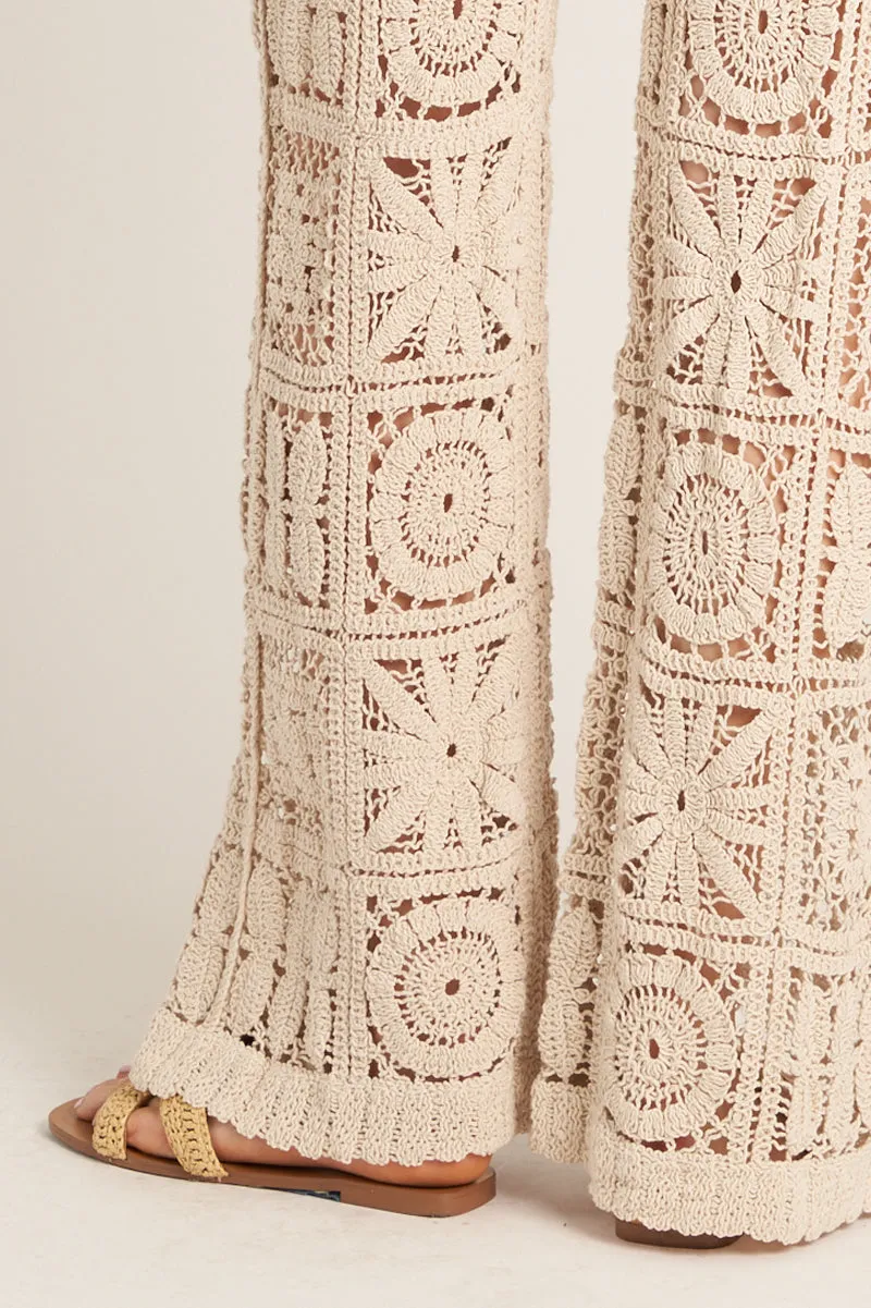 Sandy Flower Knitted Crochet Pants in Beige