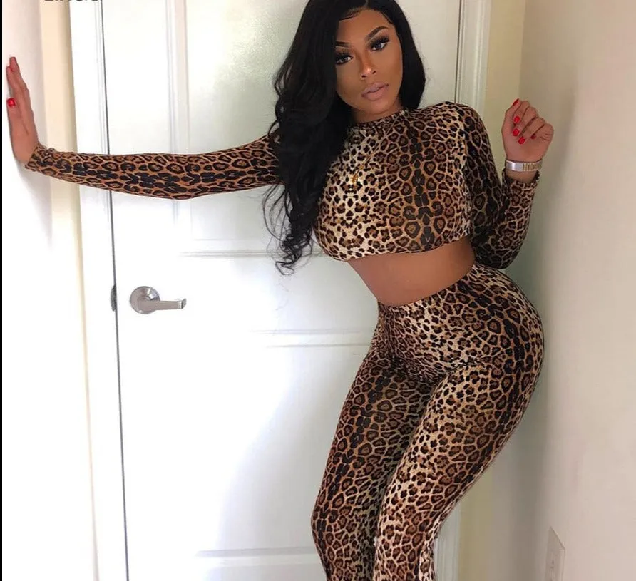 Seamless Fitness Leopard Print Tracksuits 2 Piece Set Women Long Sleeve Skinny Top High Waist Leggings Workout Outfits