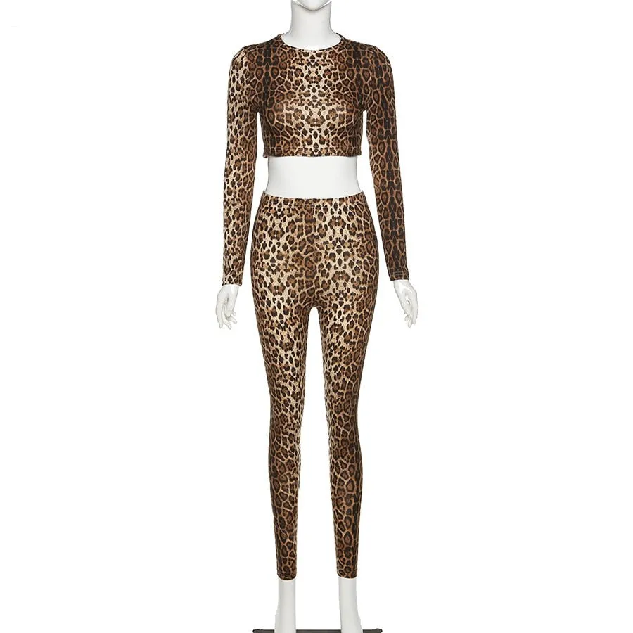 Seamless Fitness Leopard Print Tracksuits 2 Piece Set Women Long Sleeve Skinny Top High Waist Leggings Workout Outfits