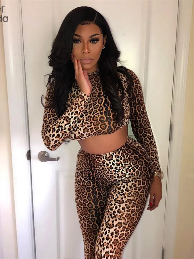 Seamless Fitness Leopard Print Tracksuits 2 Piece Set Women Long Sleeve Skinny Top High Waist Leggings Workout Outfits