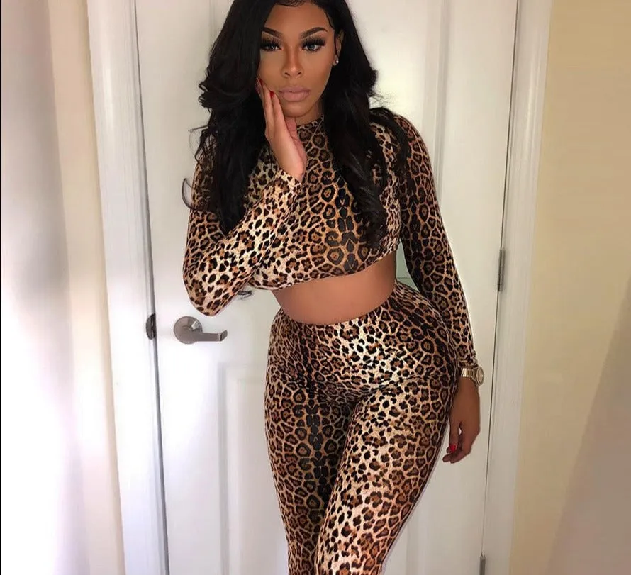 Seamless Fitness Leopard Print Tracksuits 2 Piece Set Women Long Sleeve Skinny Top High Waist Leggings Workout Outfits