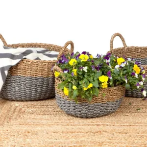 Set of 3 Dohar Handmade Grey Seagrass and Jute Round Storage Basket with Handles