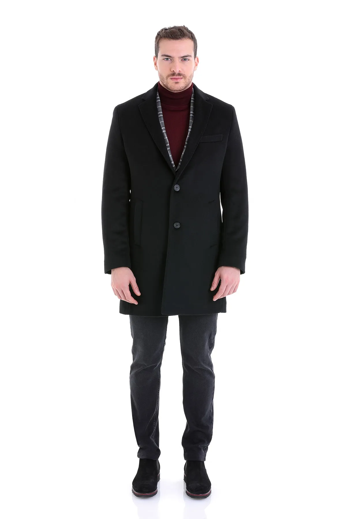 Slim Fit Cachet TBC Notch Lapel Wool Black Overcoat, Black