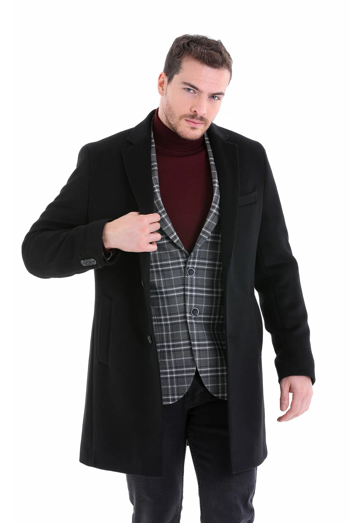 Slim Fit Cachet TBC Notch Lapel Wool Black Overcoat, Black