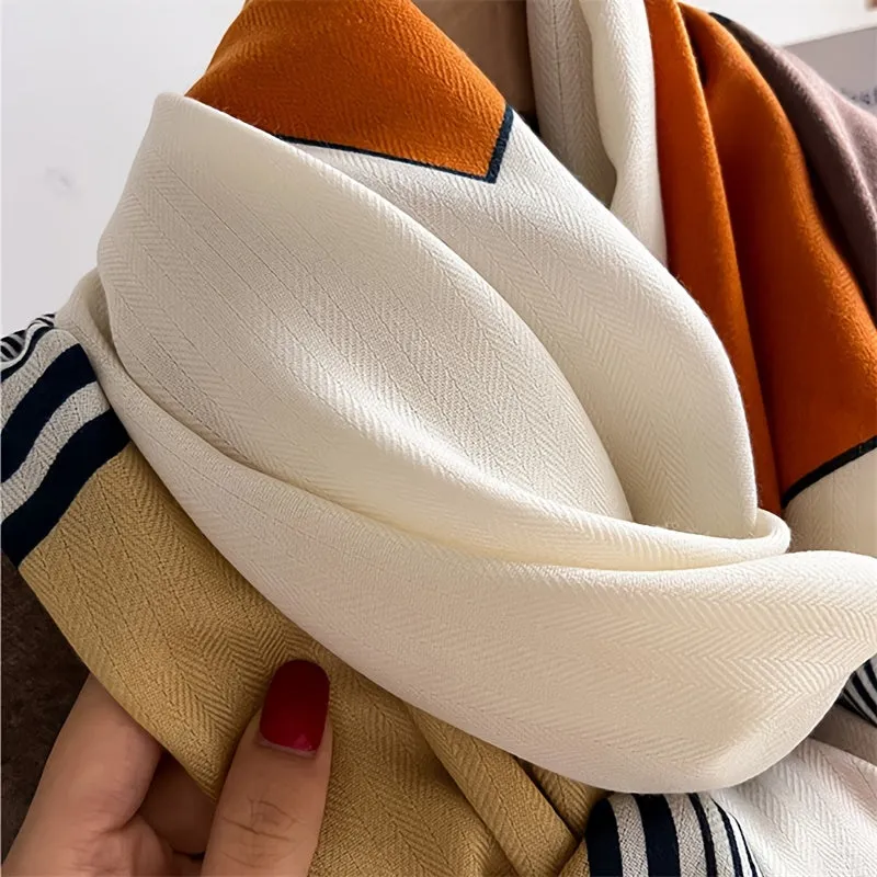 Soft & Stylish Geometric Wool Scarf - Elegant Color Block Design, Warm, Thin, Lightweight, Casual Outdoor Accessory with Sunscreen Function - Perfect for Women's Daily Wear