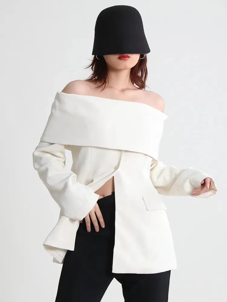 Straight Solid Slash Neck Blazer For Women Long Sleeve Off Shoulder Minimalist Blazers Female Clothing Fashion