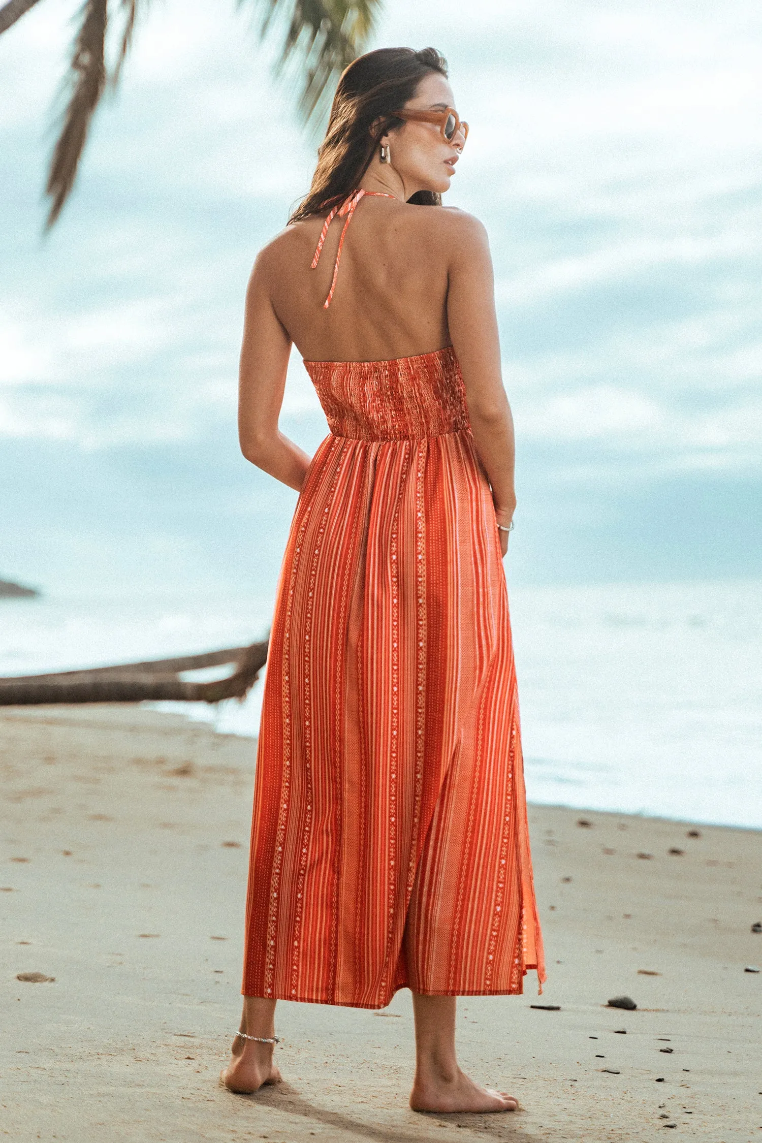 Striped Ruffled Halter Maxi Dress