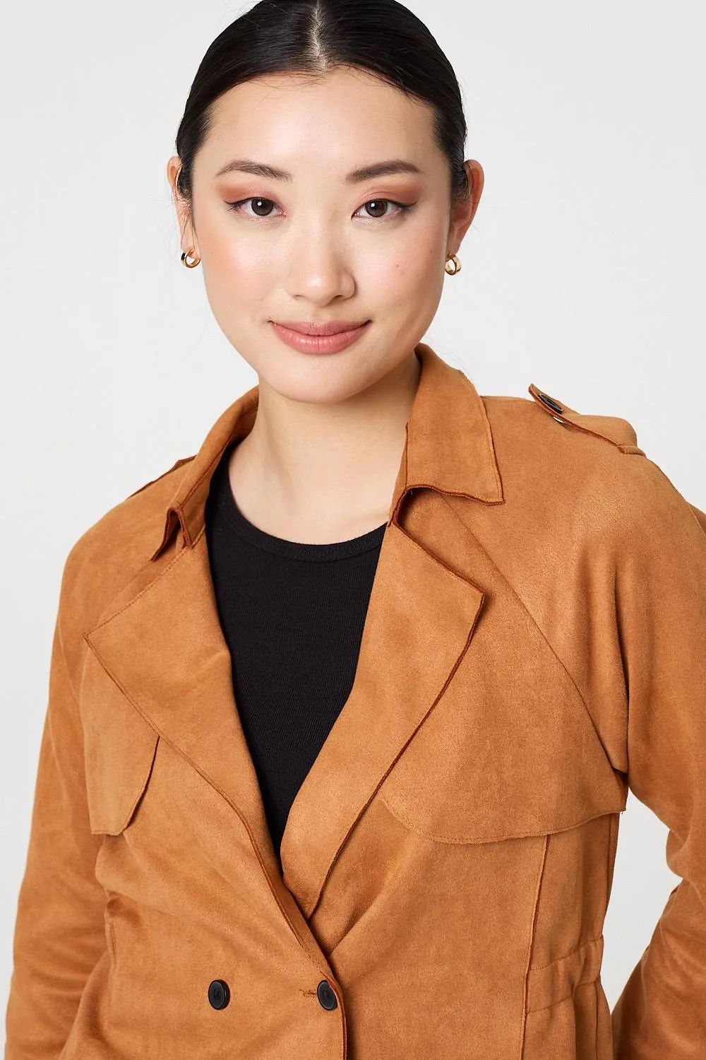 Suede Texture 3/4 Sleeve Cropped Trench Coat