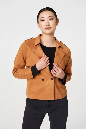 Suede Texture 3/4 Sleeve Cropped Trench Coat